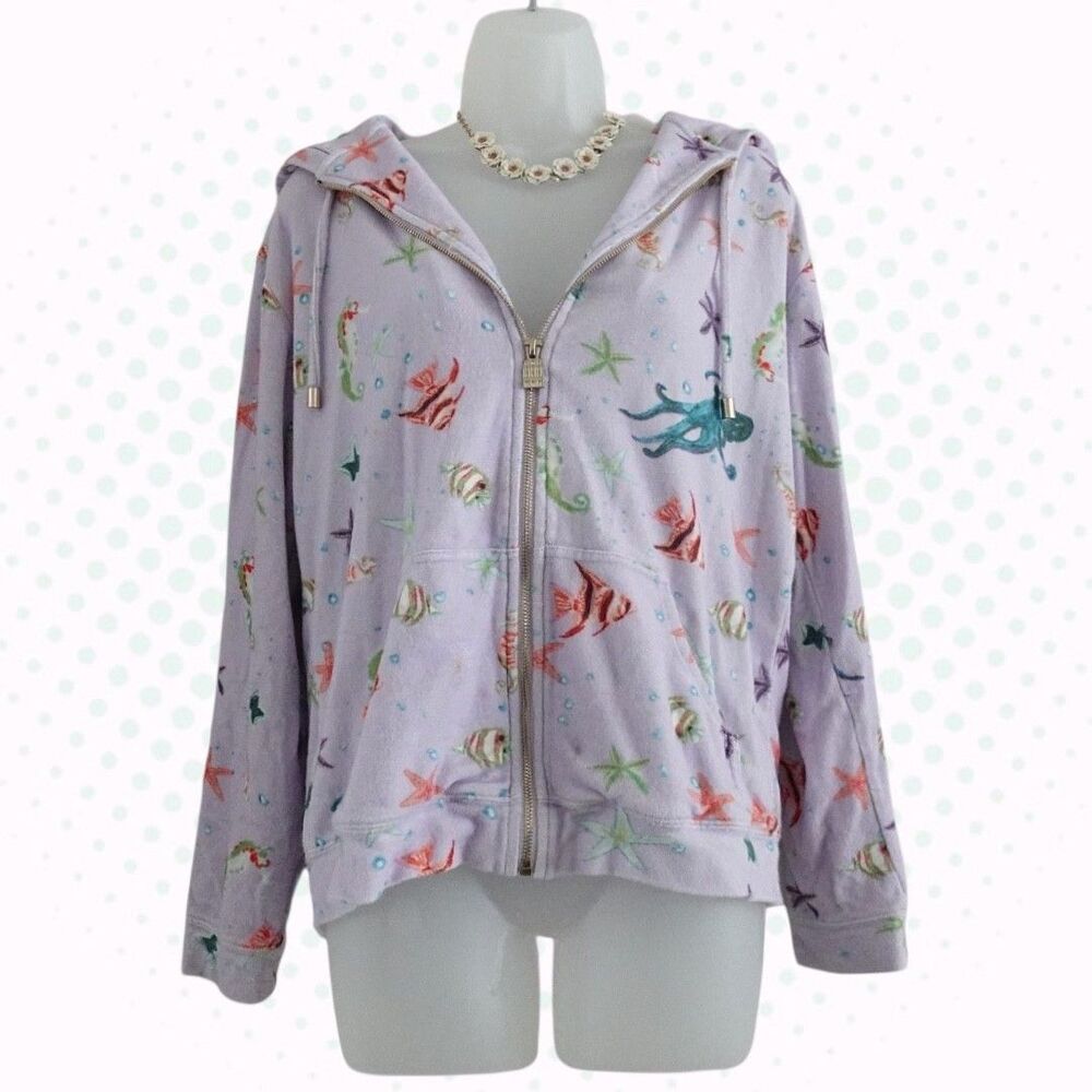 Hill House Purple Cotton Terrycloth Fish Print Zip-Up Hoodie Sweatshirt Size S